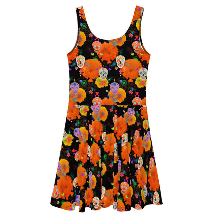 Sugar Skull kawaii skater dress with calaveras and confetti hearts on black