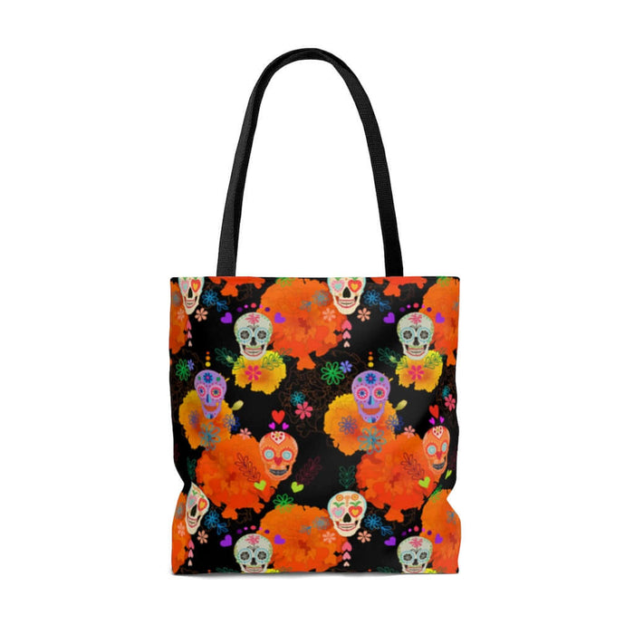 Colorful Sugar Skull Tote Bag featuring vibrant patterns, perfect for sunny days and stylish outings.