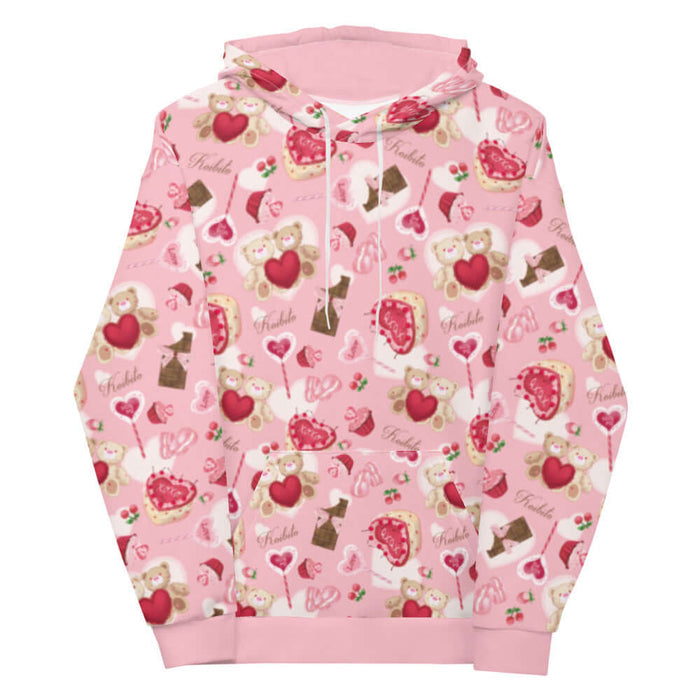 Sugar Sweetheart kawaii hoodie in pastel pink with hugging teddy bears and XOXO heart cakes