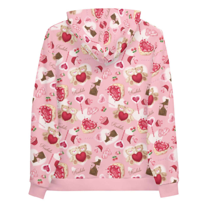 Sugar Sweetheart kawaii hoodie in pastel pink with ribbon-tied chocolate bars and strawberries