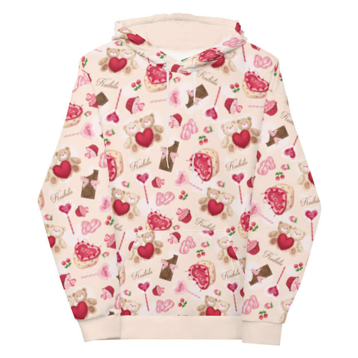 Sugar Sweetheart kawaii hoodie with heart-shaped macarons and paired cherries