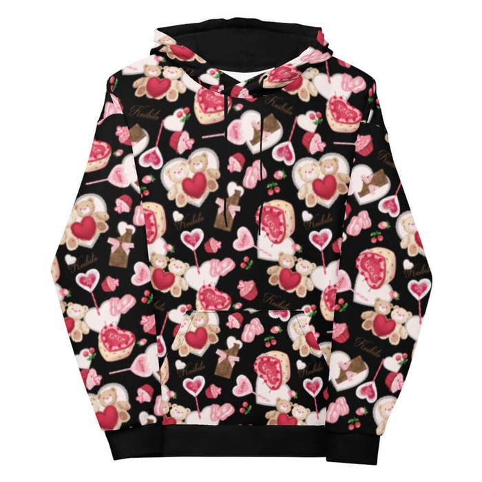 Sugar Sweetheart kawaii hoodie with cherry-topped cupcakes and hugging teddy bears