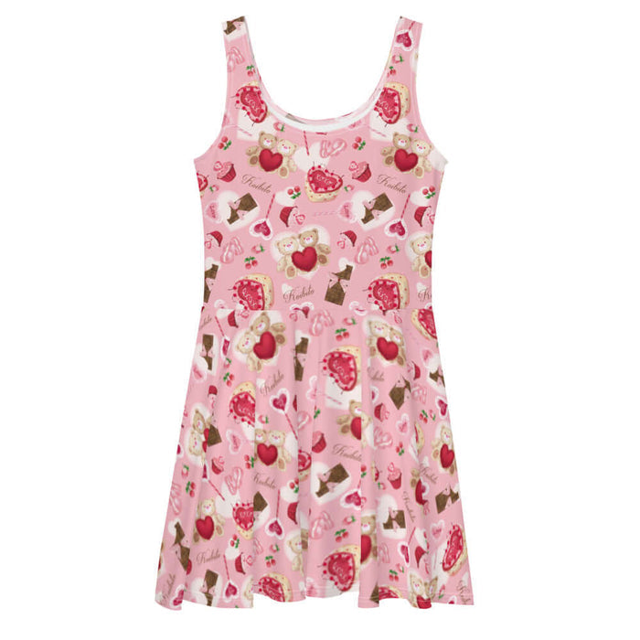 Sugar Sweetheart kawaii skater dress in pastel pink with strawberries and frosted cupcakes