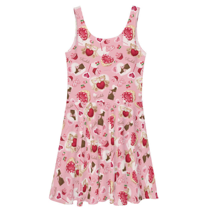 Sugar Sweetheart kawaii skater dress in pastel pink with lace doily hearts and paired cherries