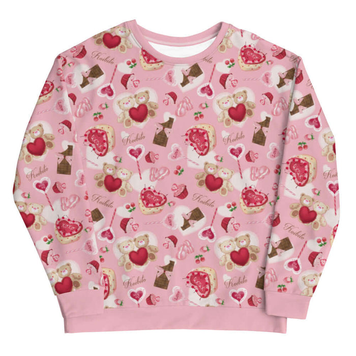 Sugar Sweetheart kawaii sweatshirt with ribbon-tied chocolate bars and strawberries