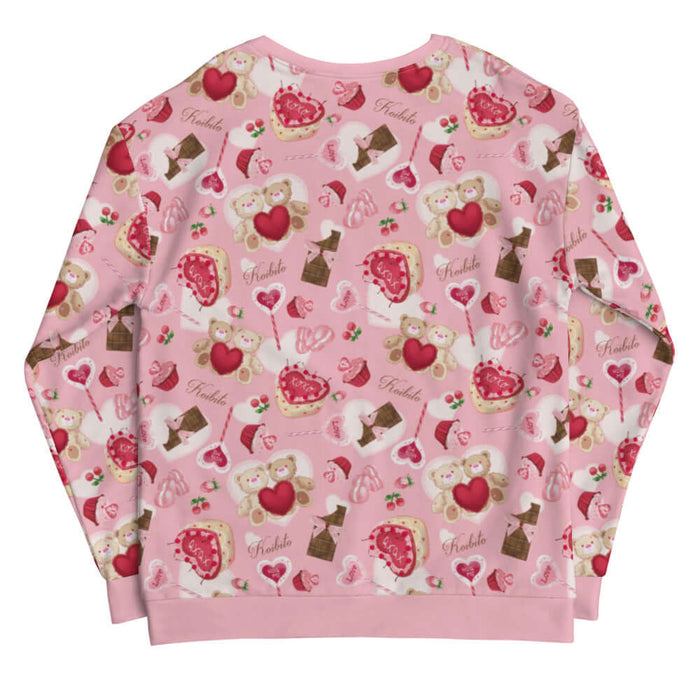 Sugar Sweetheart kawaii sweatshirt in pastel pink with heart-shaped macarons and paired cherries