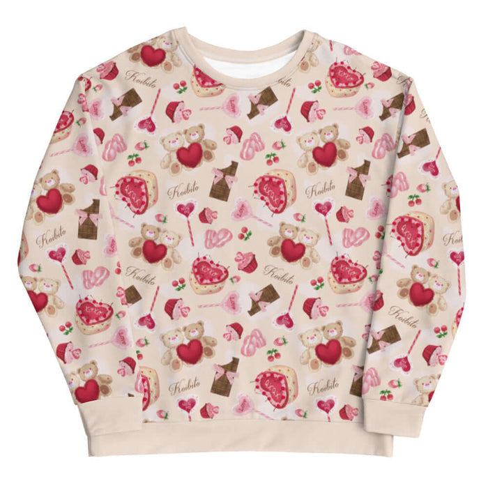 Sugar Sweetheart kawaii sweatshirt with love-note lollipops and lace doily hearts