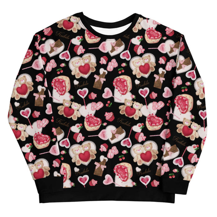 Sugar Sweetheart kawaii sweatshirt with XOXO heart cakes and heart-shaped macarons