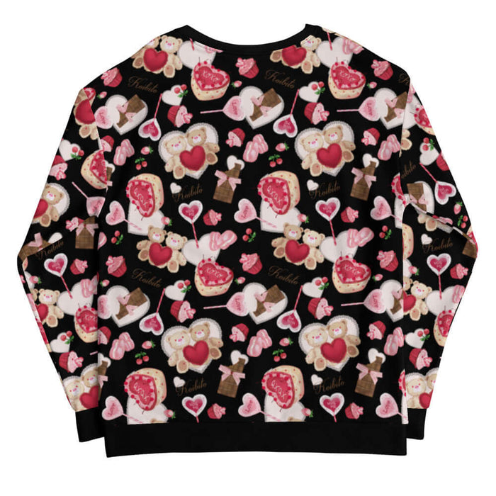 Sugar Sweetheart kawaii sweatshirt with satin-bowed chocolate bars and love-note lollipops