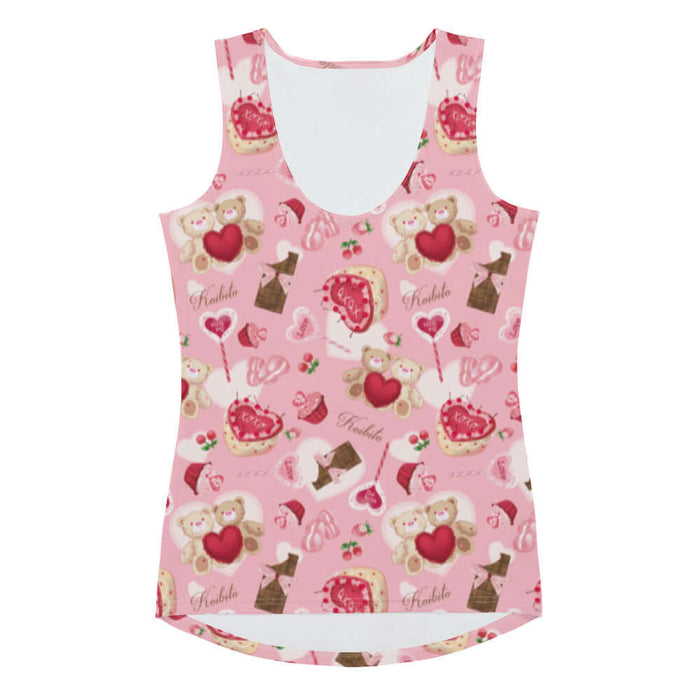 Sugar Sweetheart kawaii tank top in pastel pink with lace doily hearts and paired cherries