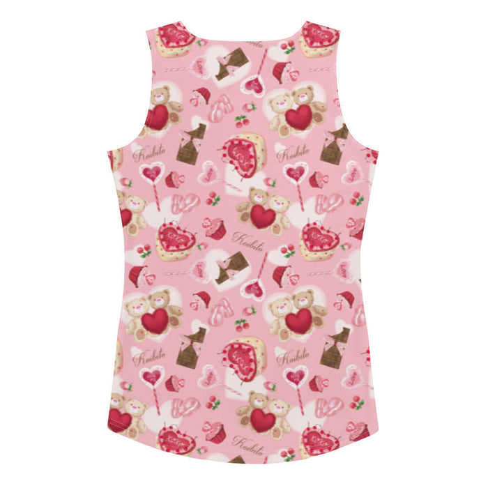 Sugar Sweetheart kawaii tank top in pastel pink with hugging teddy bears and XOXO heart cakes