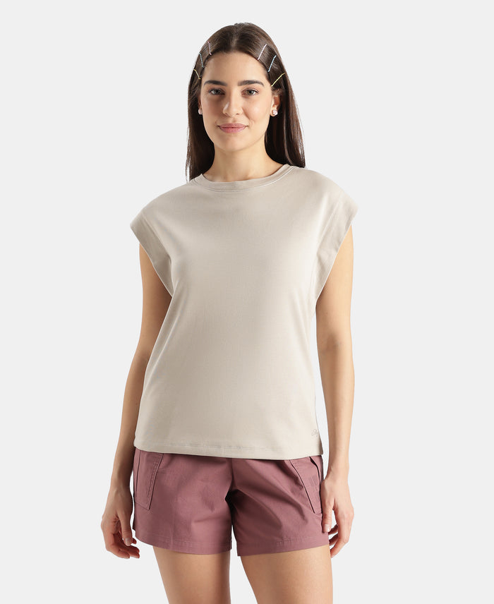 Super Combed Cotton Rich Hybrid Tank Top with Ribbed Sleeves - Dove