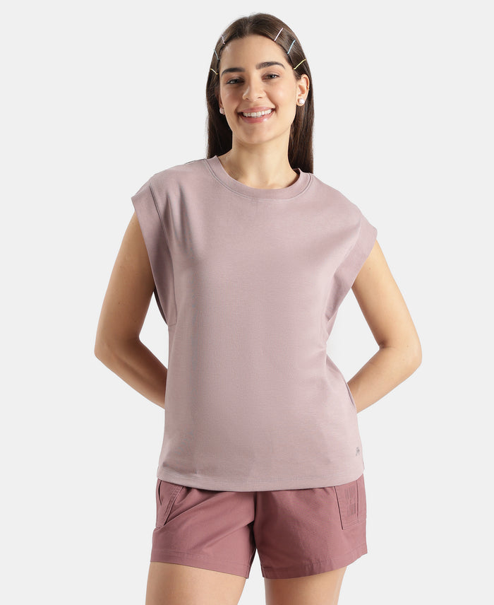 Super Combed Cotton Rich Hybrid Tank Top with Ribbed Sleeves - Quail