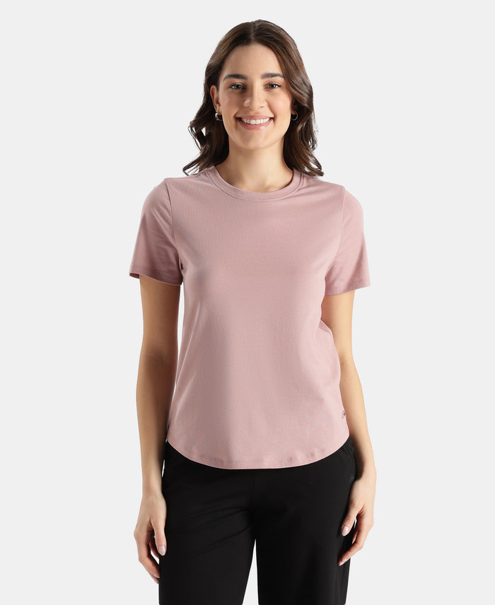 Super Combed Cotton Rich Relaxed Fit Solid Curved Hem Styled Half Sleeve T-Shirt - Woodrose