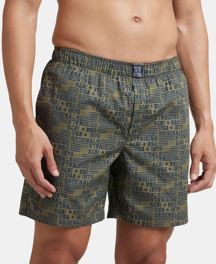 Super Combed Mercerized Cotton Woven Printed Boxer Shorts with Side Pockets - Navy & Burnt Olive (Pack of 2)