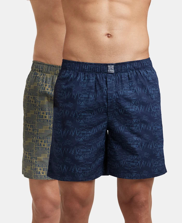 Super Combed Mercerized Cotton Woven Printed Boxer Shorts with Side Pockets - Navy & Burnt Olive (Pack of 2)