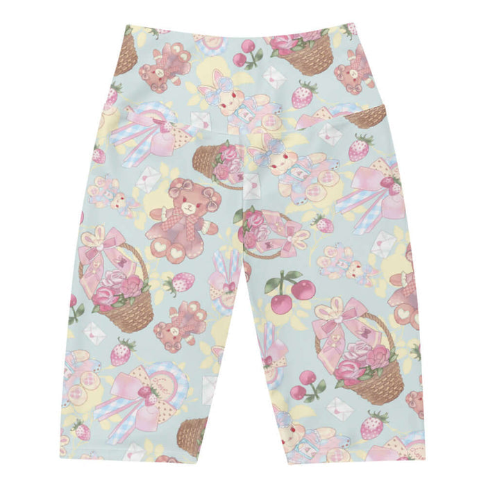 Sweet Teddy kawaii biker shorts in pastel with dress-wearing teddy bears and rose-filled baskets