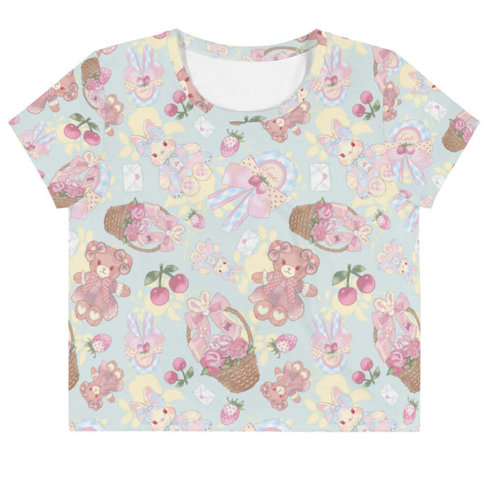 Sweet Teddy kawaii crop top in pastel with dress-wearing teddy bears and rose-filled baskets