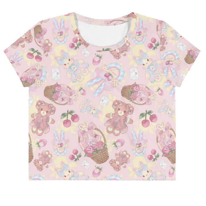 Sweet Teddy kawaii crop top in pink with strawberries and satin bows