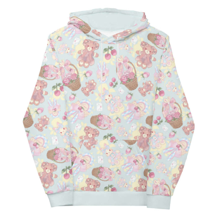 Sweet Teddy kawaii hoodie in pastel with dress-wearing teddy bears and rose-filled baskets
