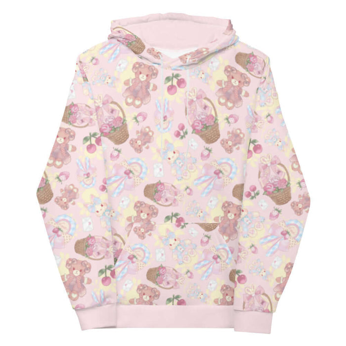 Sweet Teddy kawaii hoodie in pink with strawberries and satin bows
