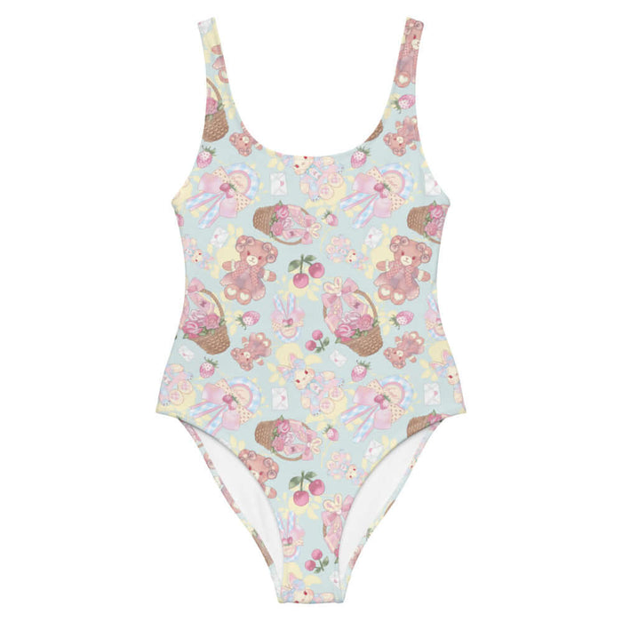 Sweet Teddy kawaii one-piece swimsuit in pastel with dress-wearing teddy bears and rose-filled baskets
