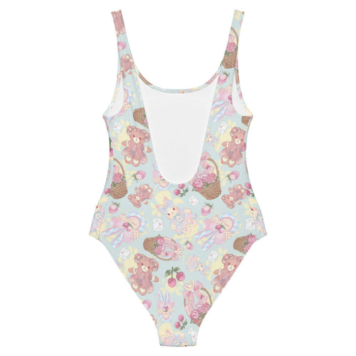 Sweet Teddy kawaii one-piece swimsuit in pastel with gingham-bow bunnies and cherries