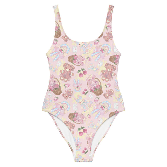 Sweet Teddy kawaii one-piece swimsuit in pink with strawberries and satin bows