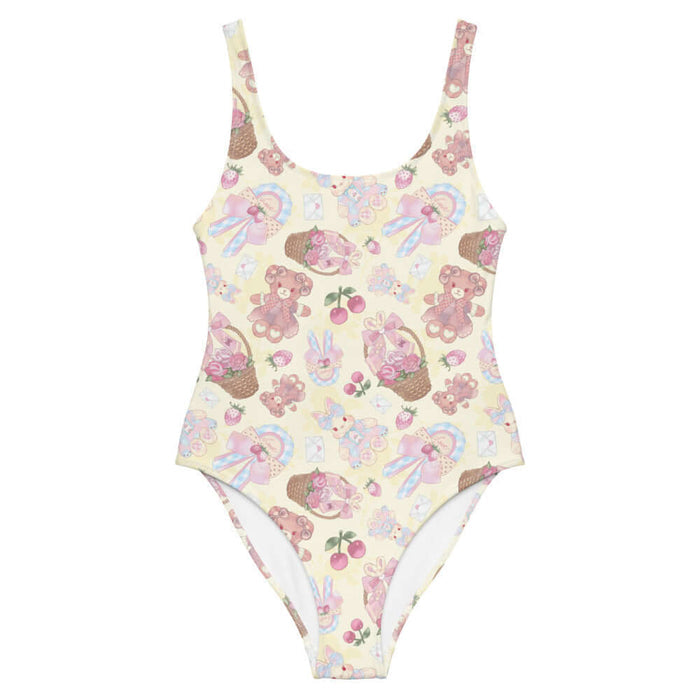 Sweet Teddy kawaii one-piece swimsuit in pastel with teddy bears and lace cameos