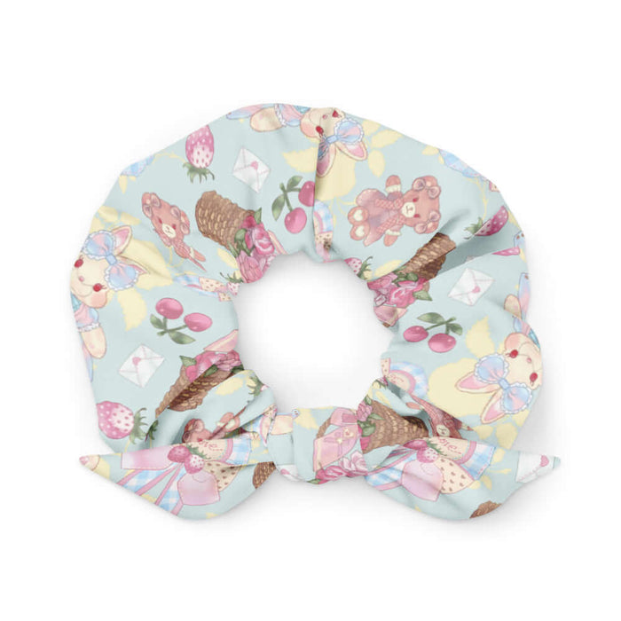 Sweet Teddy kawaii scrunchie in pastel with dress-wearing teddy bears and rose-filled baskets