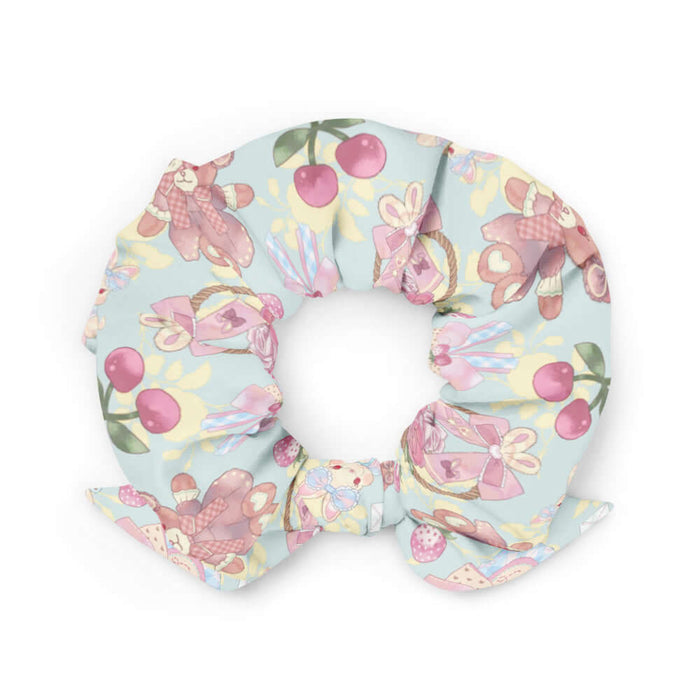 Sweet Teddy kawaii scrunchie in pastel with gingham-bow bunnies and cherries