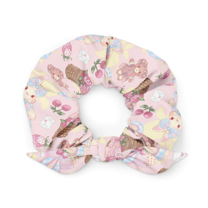 Sweet Teddy kawaii scrunchie in pastel with strawberries and satin bows