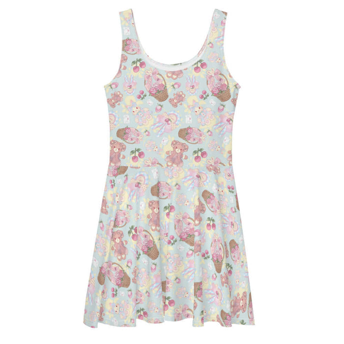 Sweet Teddy kawaii skater dress in pastel with dress-wearing teddy bears and rose-filled baskets