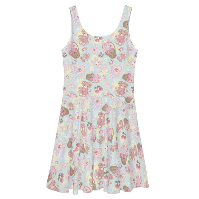 Sweet Teddy kawaii skater dress in pastel with gingham-bow bunnies and cherries
