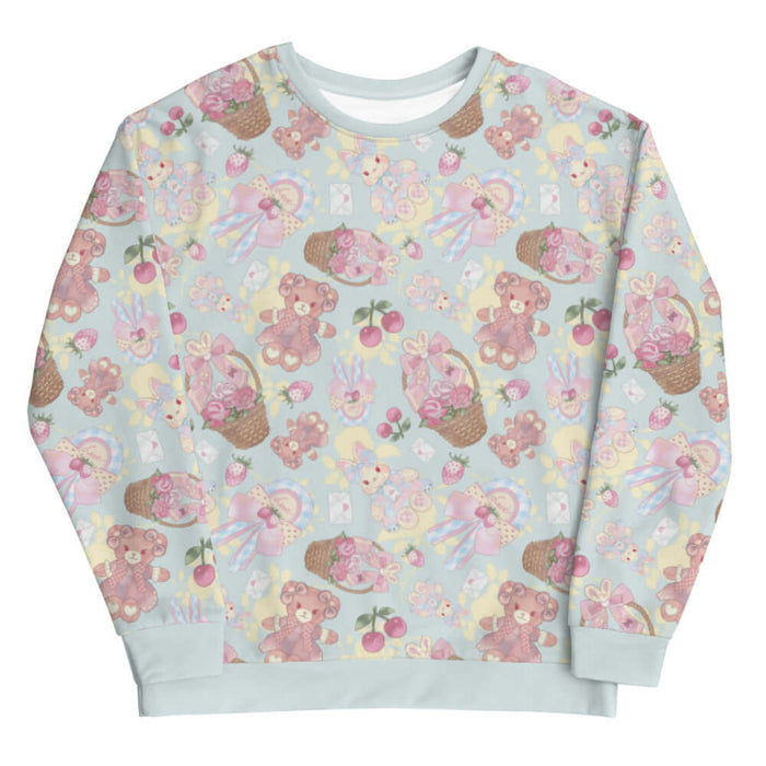 Sweet Teddy kawaii sweatshirt in pastel with dress-wearing teddy bears and rose-filled baskets