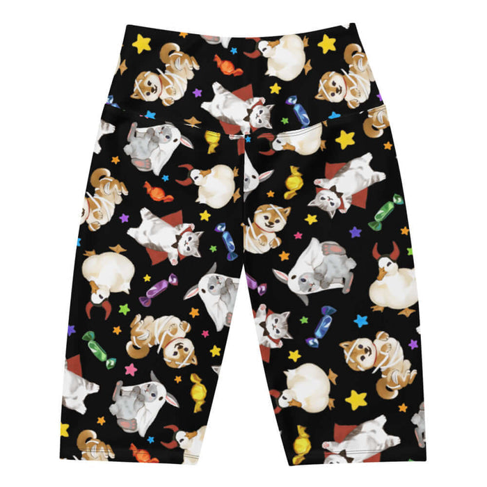 Trick or Treaters alternative biker shorts in midnight black with devil-horned ducks and gold stars