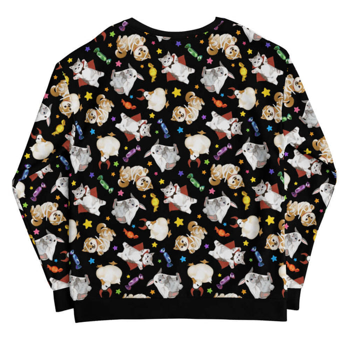 Trick or Treaters alternative sweatshirt with ghost-sheet bunnies and wrapped candy