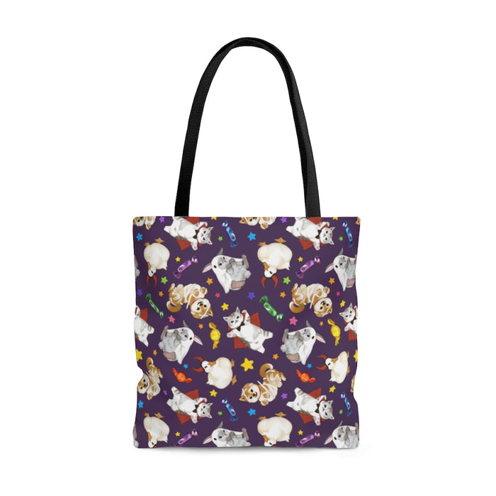 Adorable Trick or Treaters Tote Bag (Purple) perfect for Halloween, featuring playful designs and comfy straps.