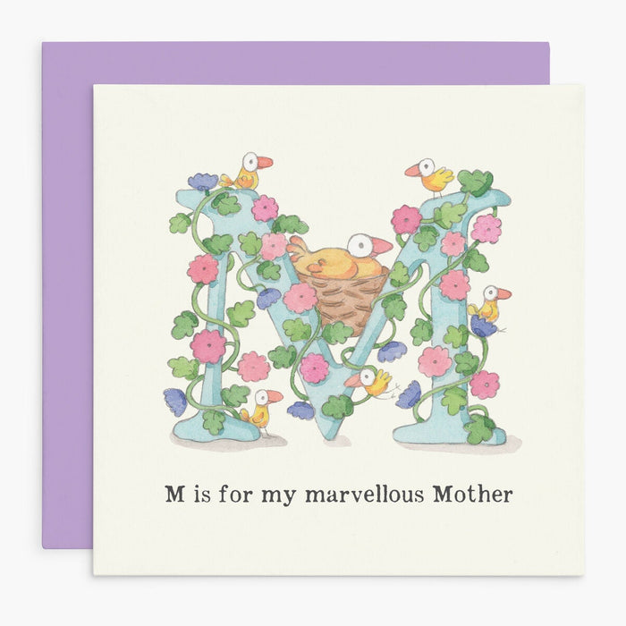 Greeting card with 'M is for my marvellous Mother' design featuring a letter 'M' with flowers and birds.