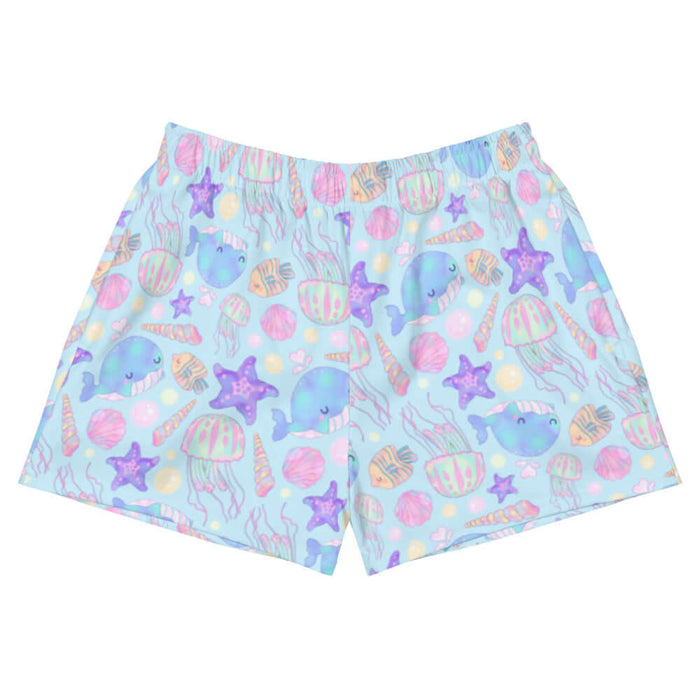 Under the Sea kawaii athletic short shorts in blue with lavender starfish and pink jellyfish