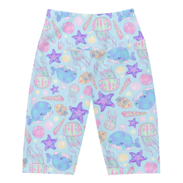 Under the Sea kawaii biker shorts in blue with blue narwhals and purple starfish