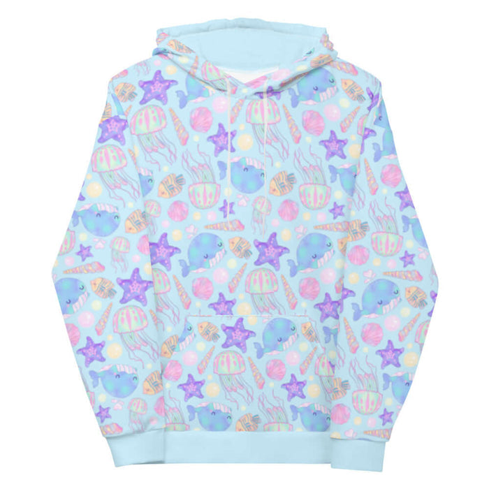 Under the Sea kawaii hoodie in blue with coral seashells and peach-striped tropical fish