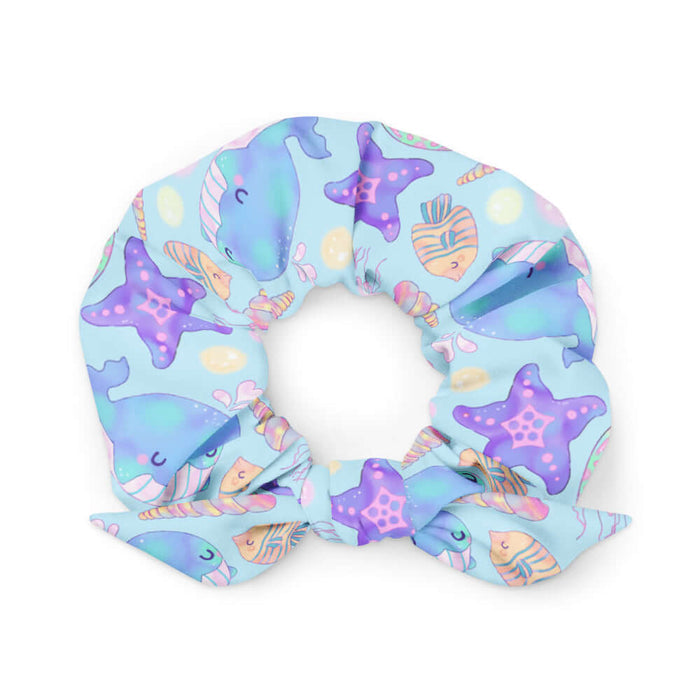 Under the Sea kawaii scrunchie in blue with pink jellyfish and coral seashells