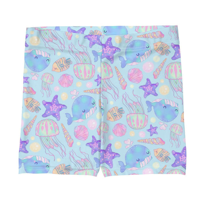 Under the Sea kawaii shorts in blue with purple starfish and wispy pink coral