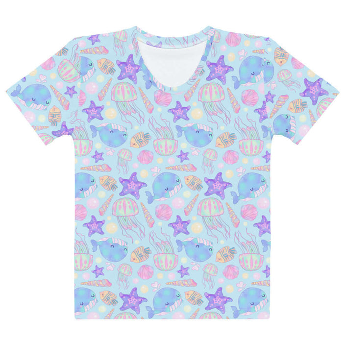 Under the Sea kawaii t-shirt in blue with blue narwhals and coral seashells