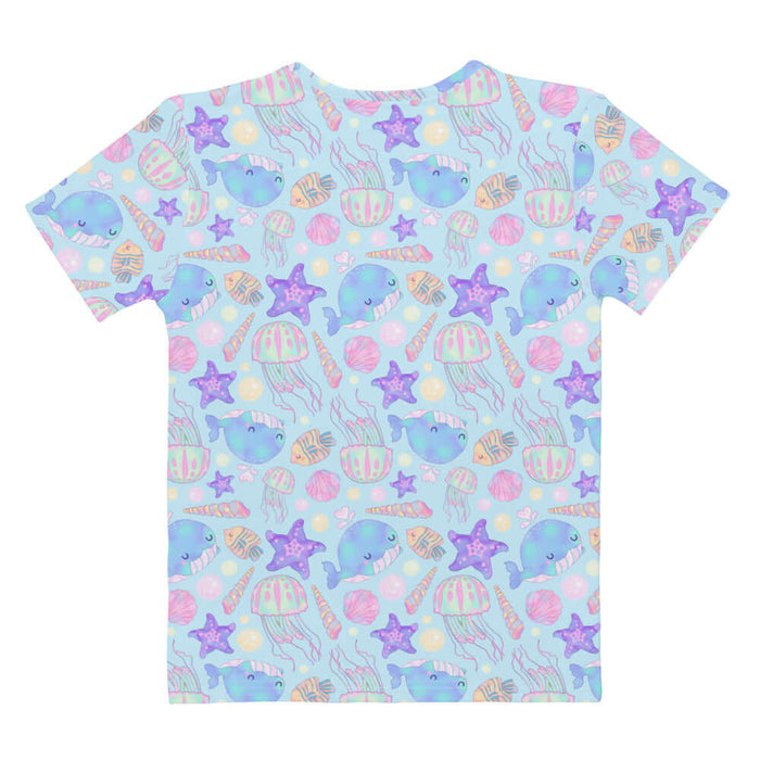 Under the Sea kawaii t-shirt in blue with lavender starfish and pink jellyfish