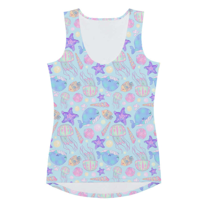 Under the Sea kawaii tank top in blue with peach-striped tropical fish and golden bubbles
