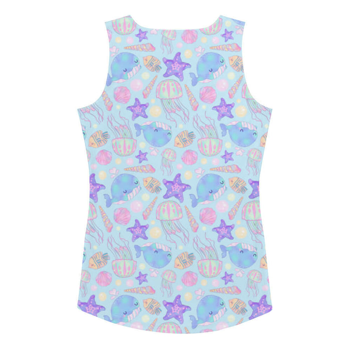 Under the Sea kawaii tank top in blue with blue narwhals and pink jellyfish