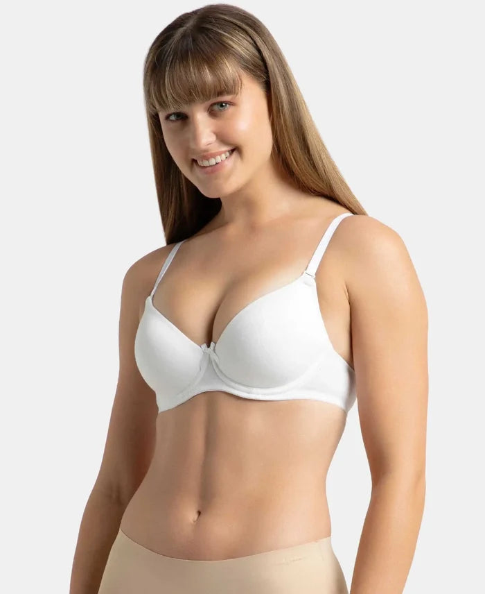 Under-Wired Padded Super Combed Cotton Elastane Stretch Medium Coverage T-Shirt Bra with Detachable Straps - White-2