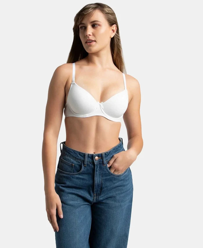 Under-Wired Padded Super Combed Cotton Elastane Stretch Medium Coverage T-Shirt Bra with Detachable Straps - White-5